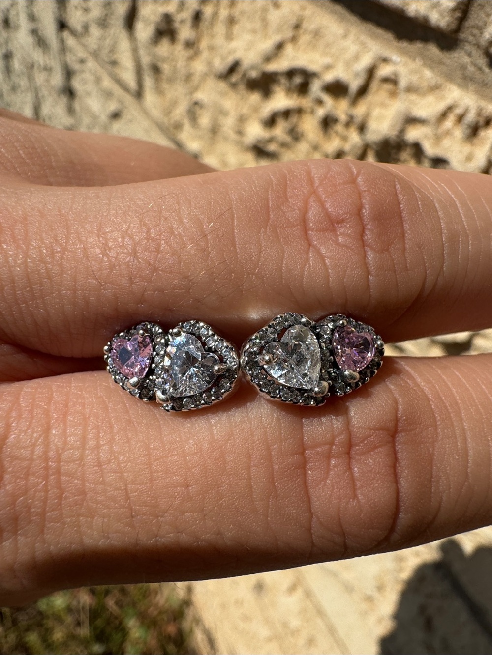 Sterling Silver Heart Trio Stud Earrings with Pink and Clear Stones